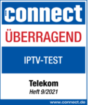 Testsieger Logo mit der nur selten vergebenen Auszeichnung „Überragend“ im connect IPTV-Plattform-Test