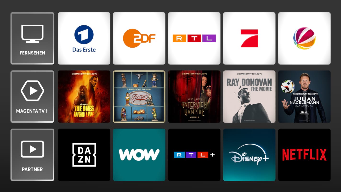 TV Screen mit Abbildung vieler MagentaTV, Streaming-Dienste, Mediatheken und APP-Inhalten