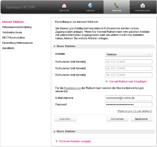 Menü Konfiguration Telefonie Speedport W 724V Registrierung