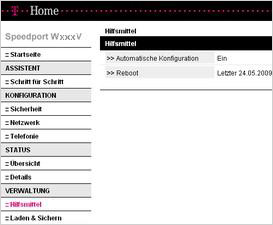 Klicken Sie unter <Verwaltung> auf den Punkt <Hilfsmittel>, um beim Speedport W 503V zur automatischen Konfiguration zu gelangen