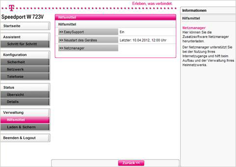 Klicken Sie unter <Verwaltung> auf den Punkt <Hilfsmittel>, um beim Speedport W 723V zu den EasySupport Einstellungen zu gelangen