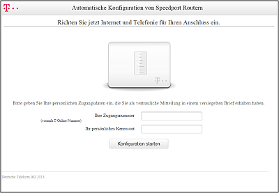 Startseite der Automatischen Einrichtung Speedport