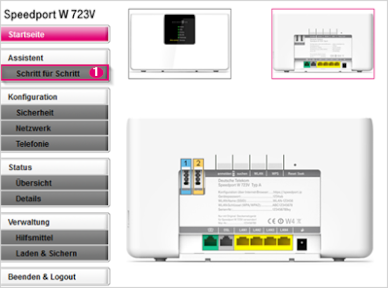 Klicken Sie im Routermenü unter dem Punkt Assistent auf <Schritt für Schritt>