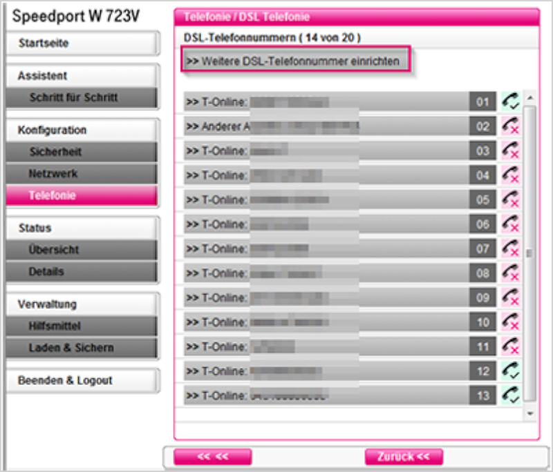 Um eine weitere Rufnummer einzurichten, klicken Sie auf <Weitere DSL-Telefonnummer einrichten>