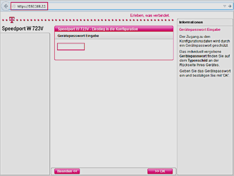 Tragen Sie in die Adresszeile Ihres Internet-Browsers die IP-Adresse des Routers ein. Danach tragen Sie das Gerätepasswort ein und klicken auf <OK>