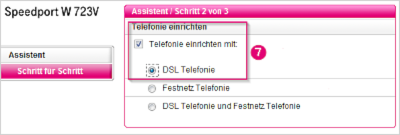 Klicken Sie im Speedport W 723V auf <Telefonie einrichten> und wählen Sie <DSL Telefonie> aus