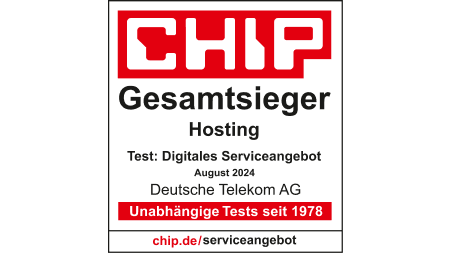 Testsiegel CHIP Gesamtsieger Hosting, Test: Digitales Serviceangebot, August 2024, Deutsche Telekom AG