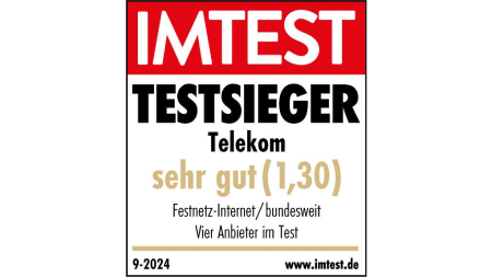 Testsiegel Imtest, Testsieger Telekom, sehr gut (1,30), Test Festnetz-Internet/bundesweit, Vier Anbieter im Test, 09/2024