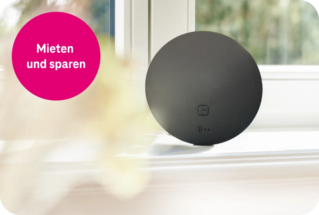 Telekom Mesh-WLAN-Verstärker mit dem Text 'Du kannst mich mieten'