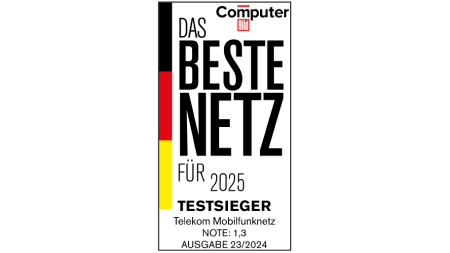 Testsiegel Computer BILD, Das beste Netz für 2025, Testsieger, Telekom Mobilfunknetz, Note 1,3, Ausgabe 23/2024