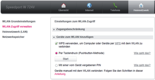 Konfigurationsmenü WPS Pushbutton Speedport W 724V