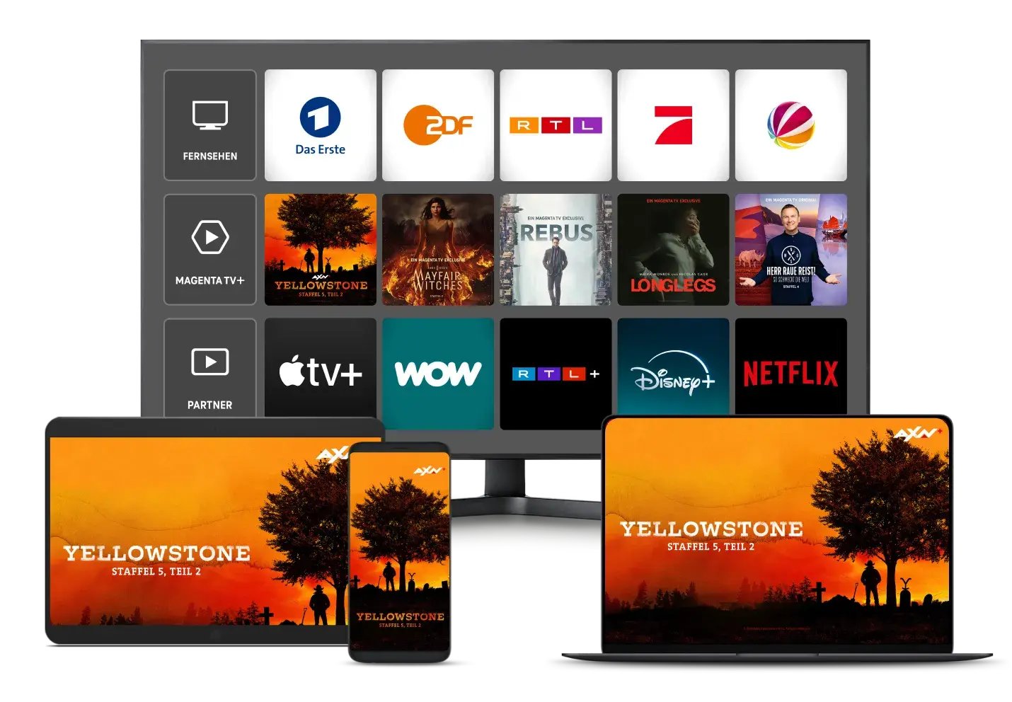 Fernseher und mobile Geräte zeigen Streaming-Apps und eine Vorschau der Serie Yellowstone Staffel 5, Teil 2