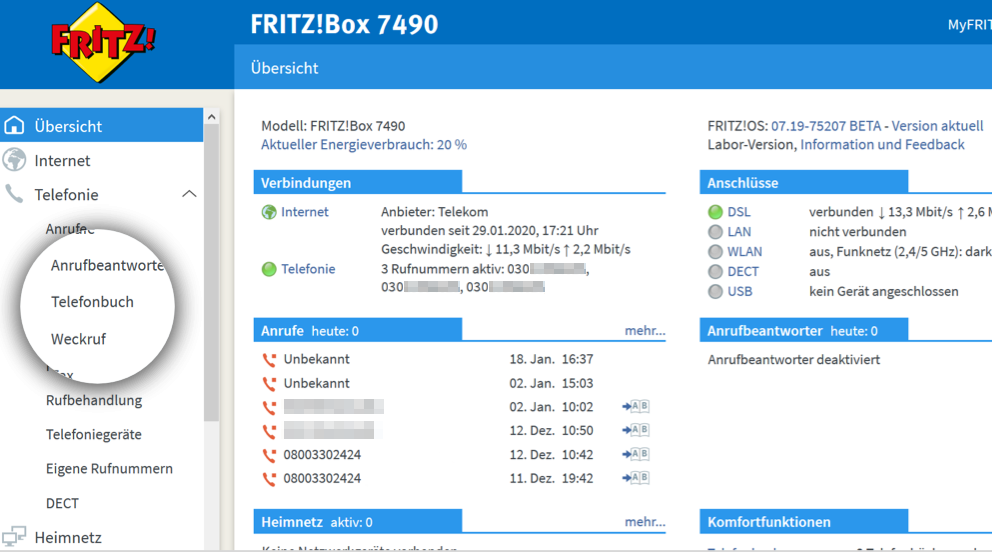 Telefonbuch bzw. Telefonie auswählen