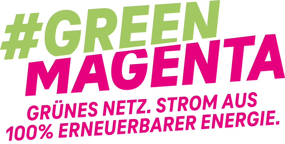 Green Magenta Logo, welches grünes Netz und Strom aus 100 % erneuerbaren Energiequellen bewirbt