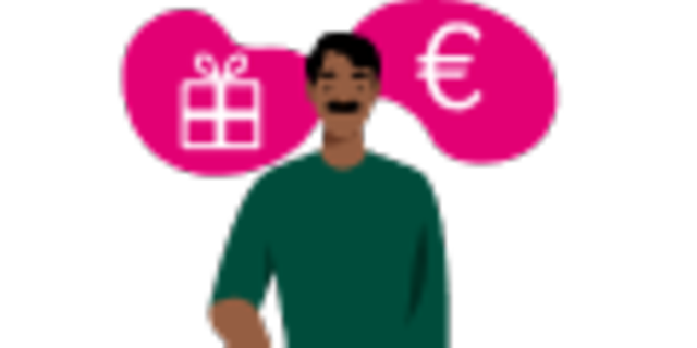 Eine Person hinter der ein Geschenk-Symbol und Euro-Zeichen zu sehen ist