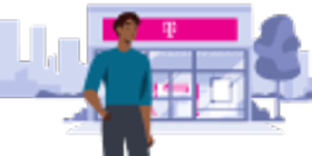 Eine Person steht vor einem Telekom Shop